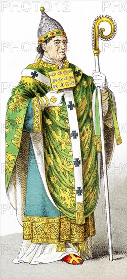 The figure represented here is a pope, leader of the Catholic Church with his base in the Vatican (an inde[pendent area within the country of Italy) in A.D. 1200.m This illustration dates to 1882.