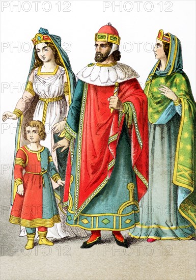 The figures pictured here represent Venetian nobles around A.D. 1200. They are, from left to right: a Venetian lady of rank with a young boy, a doge of Venice, a Venetian lady of rank. The illustration dates to 1882.