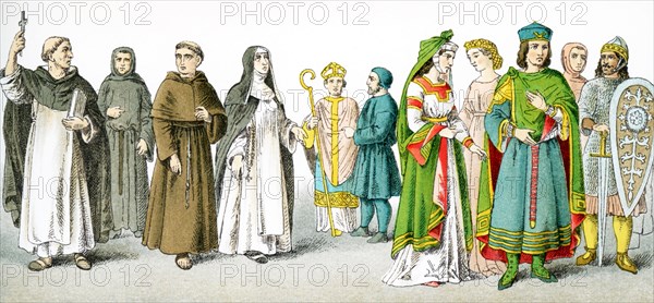 The figures pictured here represent Italians around A.D. 1200. They are, from left to right: Black friar (mendicant preacher), Austin friar (Augustinian order), Cordelier (Franciscan friar), Dominican sister, Cardinal legate, bishop in traveling costume, Venetian lady of rank, Italian lady of rank, Venetian of rank, commoner, and warrior. The illustration dates to 1882.