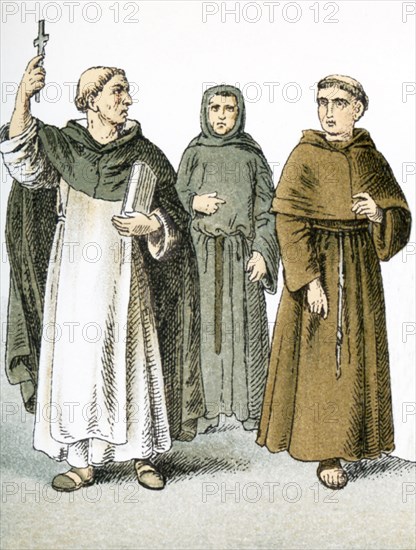 The figures pictured here represent Italians around A.D. 1200. They are, from left to right: Black friar (mendicant preacher), Austin friar (Augustinian order), and Cordelier (Franciscan friar). The illustration dates to 1882.