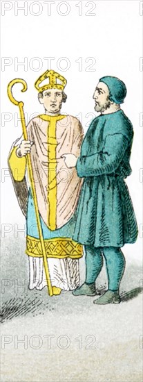 The figures pictured here represent a Roman Catholic Cardinal legate and a Roman Catholic bishop in traveling costume - both around A.D. 1200. The illustration dates to 1882.