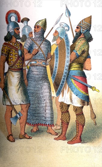 The Assyrian Empire of West Asia began around Ashur on the upper Tigris River. It reached its height in the 600s B.C. The five figures pictured in this 1882 illustration depict Assyrian warriors. .