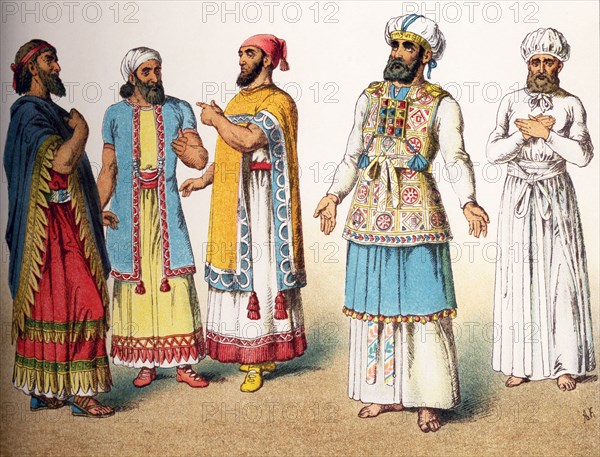 The figures illustrated here are five Hebrew figures from the ancient Middle East. They represent, from left to right: three Hebrews, a Hebrew high priest in full dress, a Hebrew high priest during the Feat of Expiation, a day of fasting and offering repentance for sin. The illustration dates to 1882.