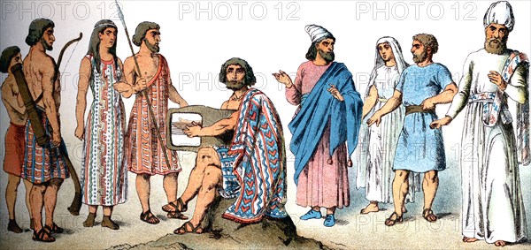 The five figures to the left depict ancient Syrian men and a woman. The four figures to the right depict ancient hebrews. From left to right, they are: a man of high rank, a woman and man of low rank, and a priest.