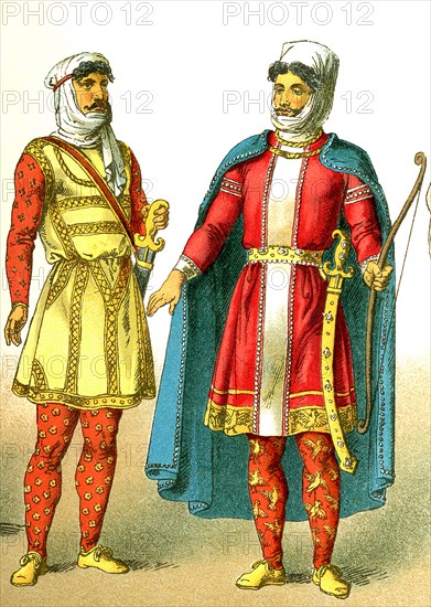 The figures illustrated here represent ancient Persians, from left to right: warrior of rank and king dressed for war. Ancient Persia included much of the land known today as Iran. It flourished from the 7th to the 4th centuries B.C. .