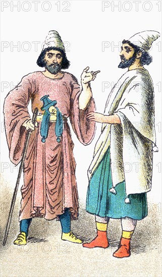 The figures illustrated here represent two ancient Persians of noble rank. Ancient Persia included much of the land known today as Iran. It flourished from the 7th to the 4th centuries B.C. The illustration dates to 1882.