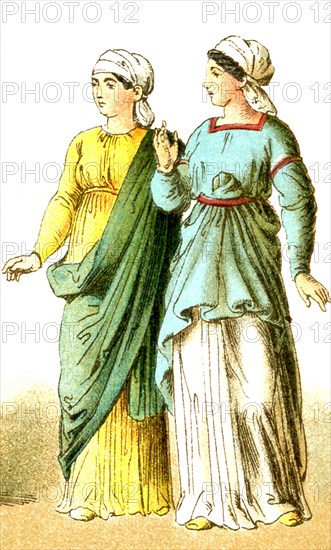 The figures represent two Dacian women. The Dacians occupied the region of the Roman Empire that is roughly modern-day Transylvania and Romania.