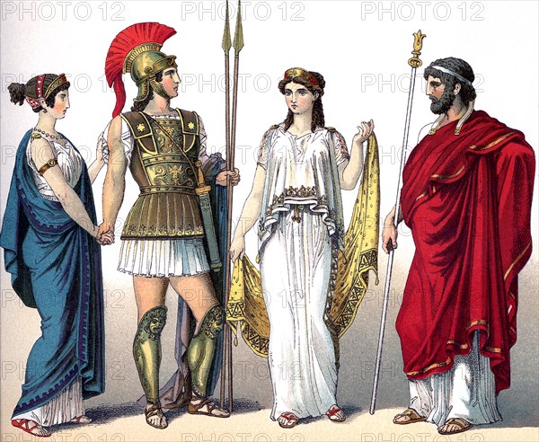 The figures, from left to right, represent ancient Greeks: a woman of the upper class, a commander in chief, another woman of the upper class, and a ruler.