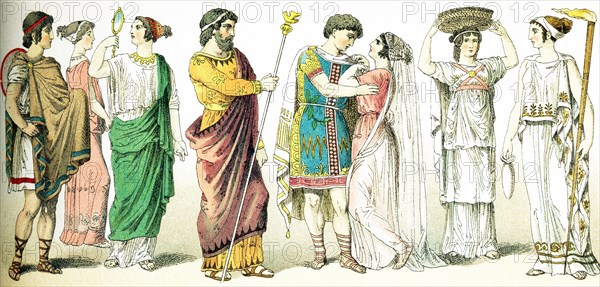 The ancient Greeks represented here are, from left to right: a Greek in traveling clothes, two women, a king, a bridal couple, a female basket-bearer at a sacrificial festival, and a priestess of the goddess Ceres. Note that at the great Athenian festival in honor of Athena, the Panathenaic Festival, the honored position of basket bearer was given to unmarried young women, who were known as Kanephoros (also spelled Canephorae). Caryatids, columns in the shape of women with the column capitals on their heads, were based on them - there are several on the Acropolis, s part of the Erechtheion. The illustration dates to 1882.