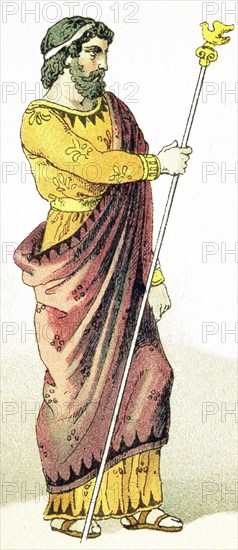 This image shows an ancient Greek king. The illustration dates to 1882.