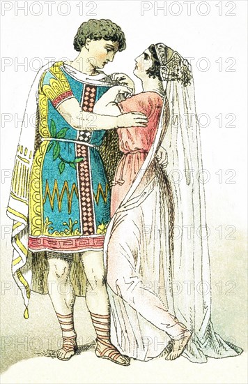 This image shows an ancient Greek bridal couple. This illustration dates to 1882.