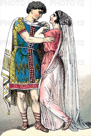 This image shows an ancient Greek bridal couple. This illustration dates to 1882.