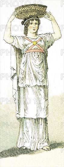 The ancient Greek represented here is a female basket-bearer at a sacrificial festival. Note that at the great Athenian festival in honor of Athena, the Panathenaic Festival, the honored position of basket bearer was given to unmarried young women, who were known as Kanephoros (also spelled Canephorae). Caryatids, columns in the shape of women with the column capitals on their heads, were based on them - there are several on the Acropolis's part of the Erechtheion. The illustration dates to 1882.