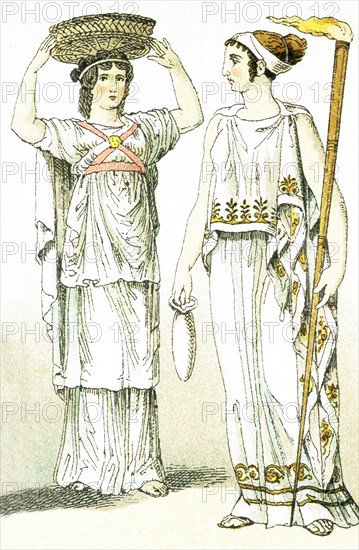 The ancient Greeks represented here are, from left to right: a female basket-bearer at a sacrificial festival and a priestess of the goddess Ceres. Note that at the great Athenian festival in honor of Athena, the Panathenaic Festival, the honored position of basket bearer was given to unmarried young women, who were known as Kanephoros (also spelled Canephorae). Caryatids, columns in the shape of women with the column capitals on their heads, were based on them - there are several on the Acropolis' part of the Erechtheion. The illustration dates to 1882.