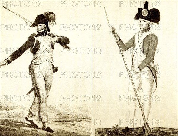 Shown here in this illustration that dates to the early 20th century are two images of soldiers at the time of the French Revolution (1789-1799). The one on the left is of a soldier of the National Guard. On the right is a grenadier of the infantry of Ligne. .