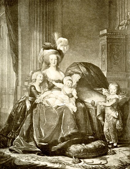 This image shows Marie Antoinette and her children. It is from a photograph by Braun, Clement & Co, New York, of a painting by Madame Vigee Lebrun, in the Museum at Versailles.