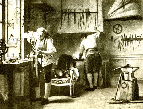 This image shows Louis XVI at the forge at Versailles. Louis XVI was an amateur blacksmith.