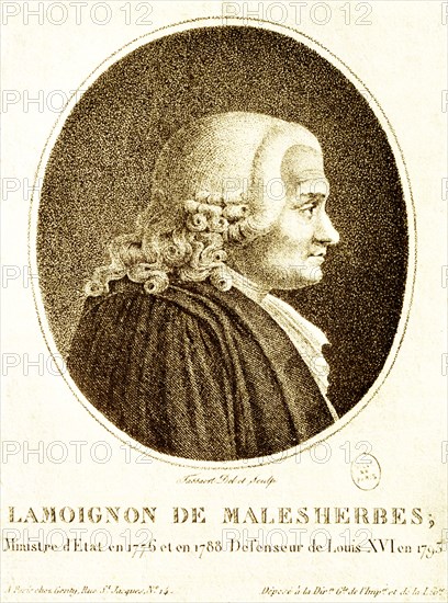 This illustration shows Lamoignon de Malesherbes, counsel for King XVI at his trial in 1793. Guillaume-Chretien de Lamoignon de Malesherbes (1721 -1794), was a French statesman and minister in France and later counsel for the defense of Louis XVI. Despite his committed monarchism, his writings contributed to the development of liberalism during the French Age of Enlightenment. He was Minister (Secretary) of State from 1776 to 1788. .