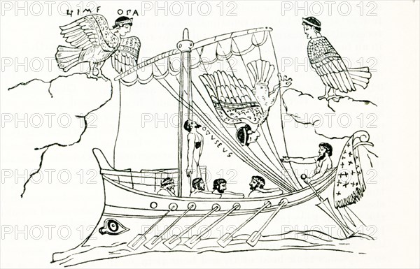 This illustration dates to 1897. It shows the Greek Trojan War hero Odysseus being tempted by the Sirens. It is based on the design on an ancient Greek vase in the British Museum. When Odysseus passed the Sirens, he had himself bound to the mast and his men's ears blocked to avoid being tempted by their alluring songs and calls.