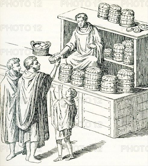 This illustration, dating to 1897, reproduces a painting uncovered on a wall in Pompeii, a town in Italy destroyed in the eruption of the volcano Mt Vesuvius in 79 A.D. It shows a baker in his shop selling loaves of bread.