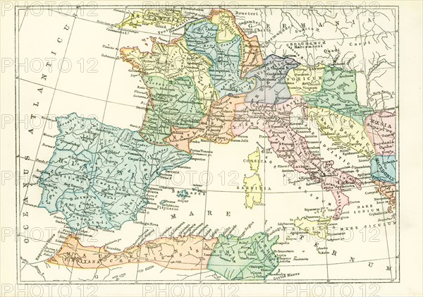 This map dates to 1897 and shows the western Provinces of the ancient Roman Empire. Among them are: Hispania, Mauretania, Numidia, Itralia, Gallia, Britannia, Germania, Illyricum, Moesia, Macedonia, Egyptus, Noricum, Narbonensis, Sardinia, Corsica, Sicilia, Rhaetia, Pannonia.