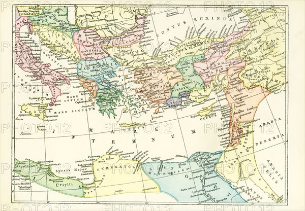 This map dates to 1897 and shows the western Provinces of the ancient Roman Empire. Among them are: Arabia Petraea, Mesopotamia, Armenia, Cappadocia, Bithynia and Pontus, Galatia, Mysia, Lydia, and Cilicia. .