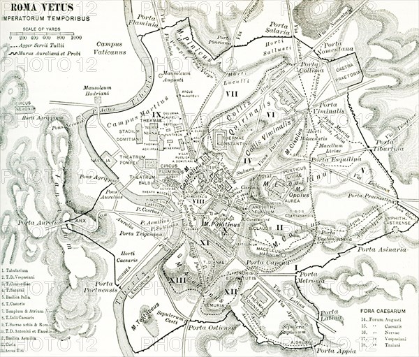 This map of Rome shows the city during the period of the emperors: from the first emperor Augustus (27 B.C. - 14 A.D.) to Trajan (98-117 A.D.). The legend is as follows: I. Tabularium; II. Templum D. Vespasian; III. Templum Castor; IV. Templum Saturnus; V. Basilica Iulia; VI. Templum Castor; VII. Templum & Atrium of Vesta; VIII. Templum Iulius Caesar; IX. Templum of the Sacred City & Romulus; X. Templum D. Antonius; XI. Basilica Aemilia; XII. Curia; XIII. Arcus Titus; XIV. Forum of Augustus; XV. Forum of Caesar; XVI. Forum of Nerva; XVII. Forum of Vespasian; XVII. Forum of Trajan. Note: The doted line shows the wall of Servius Tullius. The dark line shows the wall of Aurelian and Probus.