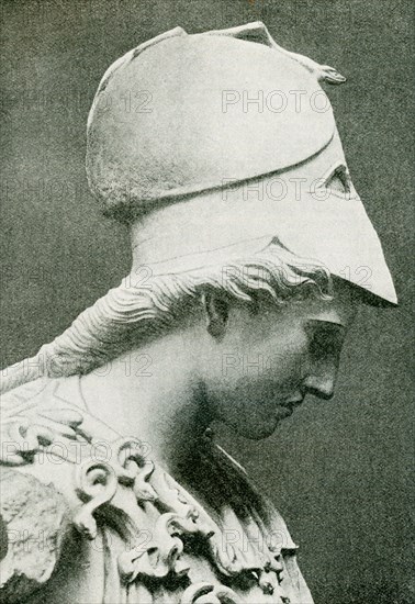 This photo dates to 1897 or earlier and shows the Pallas of Velletri, which is housed in Munich. Pallas is another name the ancient Greeks used for the goddess of wisdom ‚Äî Athena. The Athena of Velletri or Velletri Pallas is a type of classical marble statue of Athena, wearing a helmet. This bust of Athena is a copy from the 2nd century CE, probably after a cult statue by Kresilas in Athens. The inlaid eyes were lost. It is housed in the Glyptothek in Munich, Germany. his bust of Athena is a copy from the 2nd century CE, probably after a cult statue by Kresilas in Athens. The original dated to about 430-420 BCE. .