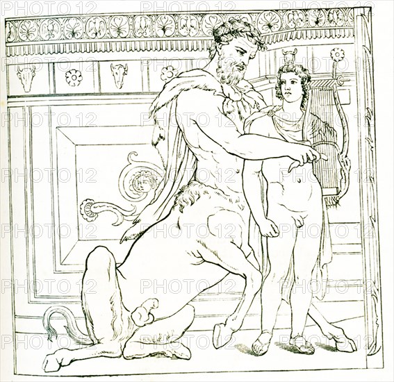 In Greek mythology, Chiron, who was considered the oldest and wisest of the Centaurs, creatures who were half-man and half-horse. He was said to have tutored young Jason, seen here with Chiron. Chiron was the son of Cronos. Jason was an ancient Greek mythological hero and leader of the Argonauts, whose quest for the Golden Fleece featured in Greek literature. This illustration of Chiron with Jason is based on a painting uncovered in Pompeii.