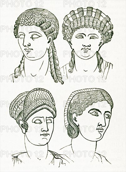 These illustrations of ancient Roman hairstytles date to 1897. They represent; from left to right; top to bottom: Octavia; Messalina (wife of Claudius); Sabina (wife of Hadrian); and Plautilla (wife of Caracalla). The bust of Octavia is in the Capitoline museum in Rome. The busts of the other three are in the British Museum in London. Octavia was the sister of the first Roman emperor; Augustus (ruled 27 B.C. to 14 A.D.); and the fourth wife of Mark Antony. Claudius was emperor of Rome from 41 to 54 a.D.; Hadrian was Roman emperor from 117 to 138 a.D. Caracalla was Roman emperor from 198 to 217 A.D.