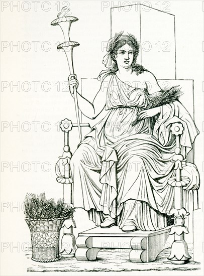 Pictured here is the Greek goddess Demeter, taken from a mural painting in Pompeii(the italian owen destroyed in 79 A.D. in the eruption of Vesuvius. Demeter is the goddess of the harvest and presides over grains and the fertility of the earth. Although she was most often referred to as the goddess of the harvest, she was also goddess of sacred law and the cycle of life and death. Her Roman counterpart was Ceres.