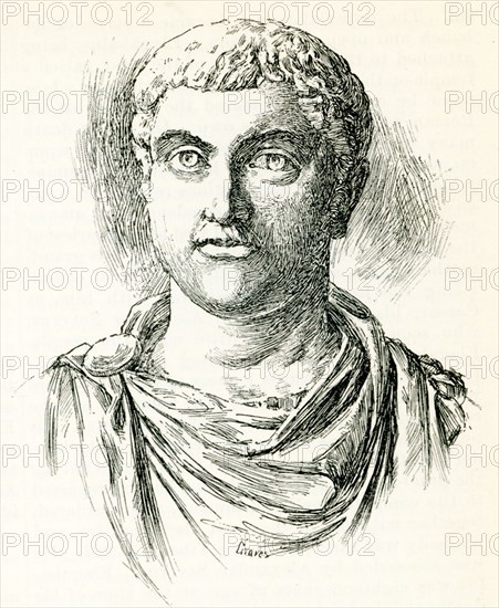 This 1897 drawing is of a bust of Elagabalus that is house in the Capitoline museum in Rome. Elagabalus, also known as Heliogabalus, was Roman emperor from 218 to 222. A member of the Severan dynasty, he was Syrian, the second son of Julia Soaemias and Sextus Varius Marcellus. In his early youth he served the god Elagabalus as a priest in Emesa, a city in present-day western Syria.