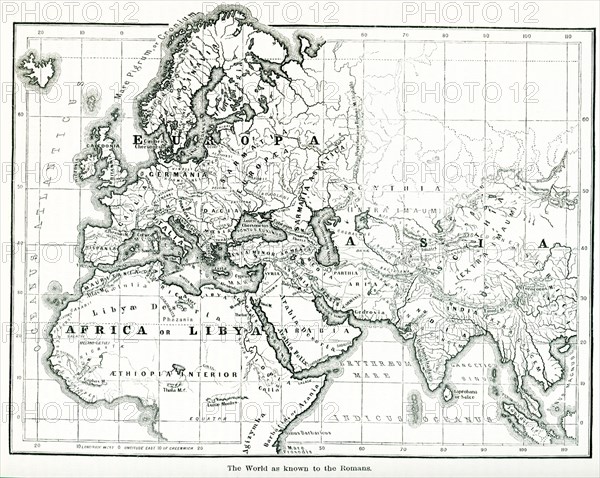 This map shows the world as it was known to the ancient Romans. Europe, Africa and Asia are all seen in much detail, considering the time period. .