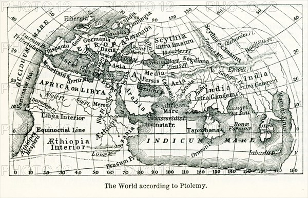 Pictured here is the world according to Ptolemy, an Alexandrian astronomer who lived around 150 A.D. His map consisted mainly of lists of places marked on the maps that were circulating at the time and that he made his authorities. He added latitudes and longitudes.