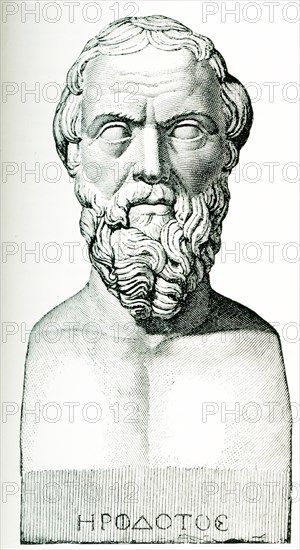 This image is from 1897 and is a copy of a bust of Herodotus (his name in the Greek alphabet below). Herodotus (c. 484 - c. 425 BC) was an ancient Greek historian who was born in Halicarnassus in the Persian Empire. He is known for having written the book The Histories, a detailed record of his ""inquiry"" on the origins of the Greco-Persian Wars.