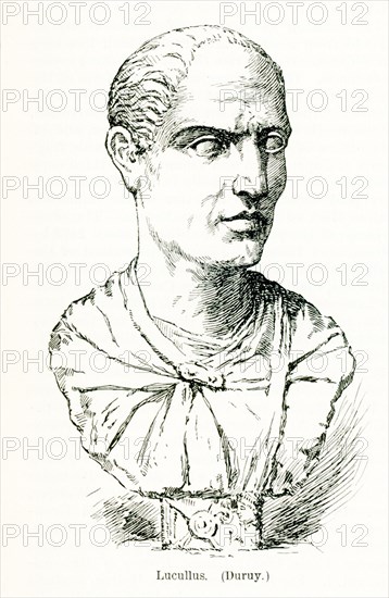 This illustration dates to 1897 and is a copy of a bust of Lucullus. Lucius Licinius Lucullus, (born c. 117 BC‚Äîdied 57/56), Roman general who fought Mithridates VI Eupator of Pontus from 74 to 66 BC. He served in the Social War (91-87) under Lucius Cornelius Sulla. He served as consul in 74 B.C. He retired from political life to enjoy a life of great extravagance. The adjective Lucullan, meaning ""luxurious,"" derives from his name. The illustration is by the Frenchman Victor Duruy, a French historian, statesman, and national minister of education who died in 1894.