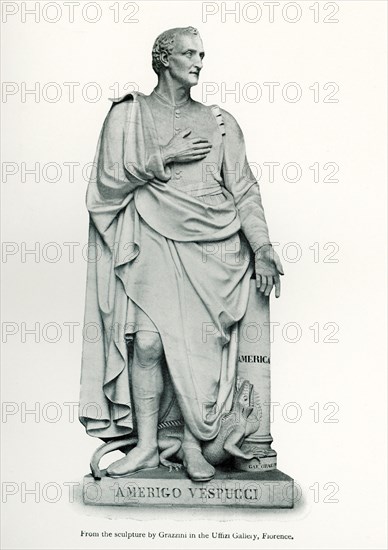 This photo dating to 1912 shows Amerigo Vespucci, a sculpture of him by Grazzini that is housed in the Uffizi Gallery in Florence. Vespucci (1454-1512) was an Italian explorer, financier, navigator, and cartographer who was born in the Republic of Florence. He is best known for his namesake: the continents of North and South America.