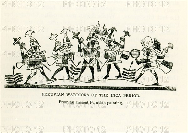 This illustration dates to the early 1900s and shows ""Peruvian Warriors of the Inca Period."" It is copied from a Peruvian painting dating to the ancient Peruvian time of the Inca. The Inca Empire (1438-1533), also known as the Incan Empire and the Inka Empire, was the largest empire in pre-Columbian America. Its political and administrative structure is considered by most scholars to have been the most developed in the Americas before Columbus' arrival. .