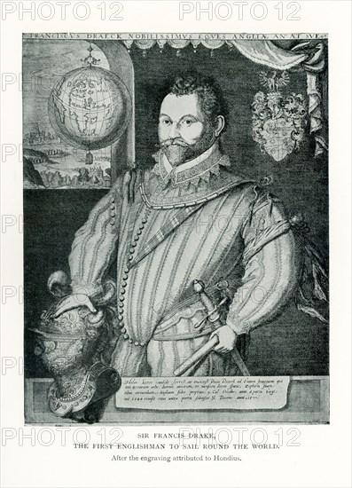 This images dates to 1912. It shows Sir Francis Drake and the caption reads: Sir Francis Drake. The First Englishman to Sail Round the World. It is based on an engraving attributed to Hondius. Jodocus Hondius (in Dutch: Joost de Hondt) was a Flemish engraver and cartographer. He was born in 1563 and died in 1612. Drake carried out the second circumnavigation of the world in a single expedition, from 1577 to 1580, and was the first to complete the voyage as captain while leading the expedition throughout the entire circumnavigation.