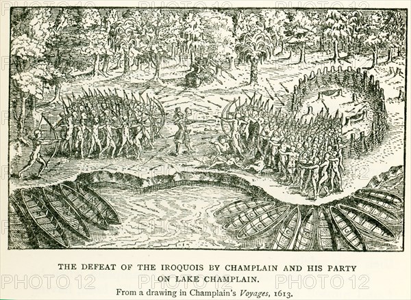 This illustration from a drawing in Champlain's Voyages published in 1713 shows The defeat of the Iroquois by Champlain and his party of Lake Champlain. Samuel de Champlain was a French colonist, navigator, cartographer, draftsman, soldier, explorer, geographer, ethnologist, diplomat, and chronicler. He made between 21 and 29 trips across the Atlantic Ocean, and founded Quebec, and New France, on July 3, 1608. .