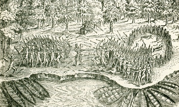 This illustration from a drawing in Champlain's Voyages published in 1713 shows The defeat of the Iroquois by Champlain and his party of Lake Champlain. Samuel de Champlain was a French colonist, navigator, cartographer, draftsman, soldier, explorer, geographer, ethnologist, diplomat, and chronicler. He made between 21 and 29 trips across the Atlantic Ocean, and founded Quebec, and New France, on July 3, 1608. .