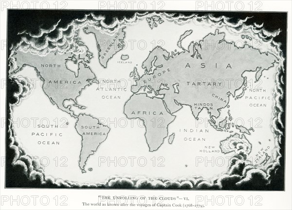 This illustration dates to 1912 and is part of a series of maps titled: ""The Unrolling of the Clouds."" It is the sixth in the series. It shows the world as known after the voyages of Captain Cook (1768-1779).