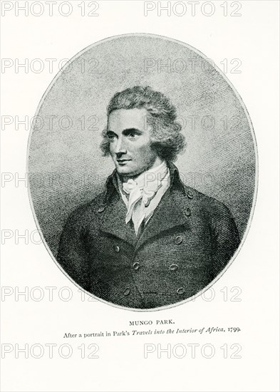 This illustration dates to 1912 and shows Mungo Park. The caption reads: Mungo Park After a portrait in Park's Travels into the Interior of Africa, 1799. Park was a Scottish explorer of West Africa. After an exploration of the upper Niger River around 1796, he wrote a popular and influential travel book titled Travels in the Interior Districts of Africa in which he theorized the Niger and Congo merged to become the same river.