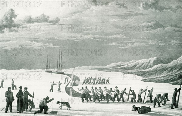 This illustration dates to 1912 and the caption reads: The Search for a North-west Passage: the Crews of Parry's Ships, the Hecla and Griper, Cutting Through the Ice for a Winter Harbour, 1819. Drawn by William Westall, A.R.A., after a sketch by Lieut. Beechey, a member of the expedition. Parry was an English explorer of the Arctic who was known for his 1819 expedition through the Parry Channel, probably the most successful in the long quest for the Northwest Passage. In 1827 he attempted one of the earliest expeditions to the North Pole.