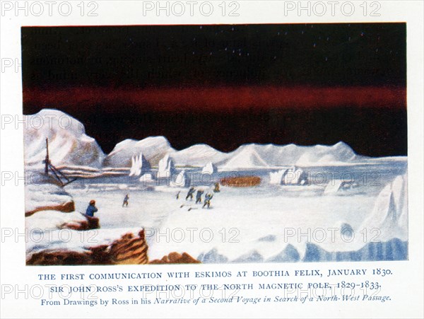 This illustration dates to 1912. John Ross's ship Victory in the Arctic ice in Felix Harbour. John Ross and his nephew James Clark Ross endured four winters trapped in the Arctic ice on an expedition to find the elusive Northwest Passage. Their first winter was spent at Felix Harbour on the eastern tip of Boothia Felix (now known as the Boothia Peninsula). John Ross was knighted in 1834 following his return to England. The caption reads: The First Communication with Eskimos at Boothia Felix, January 1830. Sir John Ross's Expedition to the North Magnetic Pole, 1829-1833. From Drawings by Ross in his Narrative of a Second Voyage in Search of a North West Passage. Ross (1777-1856) was a British Royal Naval Officer.