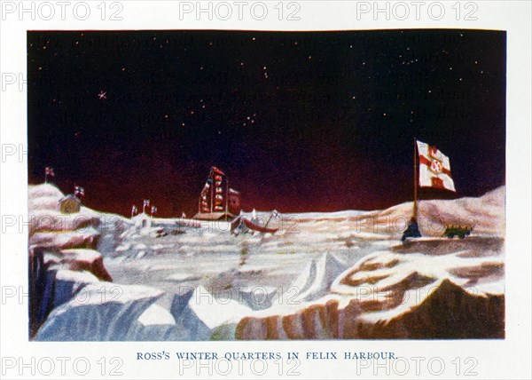 This illustration dates to 1912. John Ross's ship Victory, with all flags flying, trapped in the Arctic ice in Felix Harbour, Christmas Day 1829. ""The brilliancy of Venus [top left of image] was a spectacle which was naturally contemplated as in harmony with the rest of the day."" John Ross and his nephew James Clark Ross endured four winters trapped in the Arctic ice on an expedition to find the elusive Northwest Passage. Their first winter was spent at Felix Harbour on the eastern tip of Boothia Felix (now known as the Boothia Peninsula). John Ross was knighted in 1834 following his return to England. The captions read: TOP: Ross's Winter Quarters in Felix Harbour. The image is from Drawings by Ross in his Narrative of a Second Voyage in Search of a North West Passage. Ross (1777-1856) was a British Royal Naval Officer.