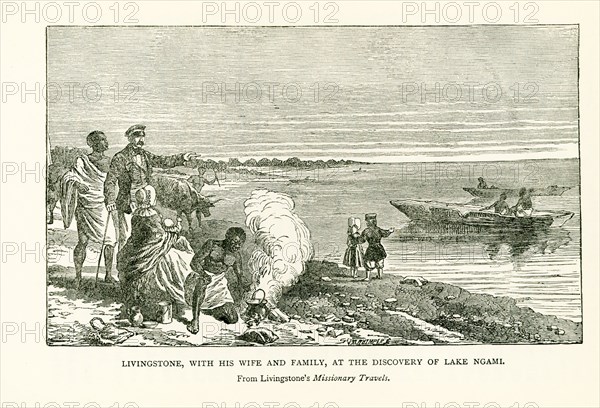 This illustration is from Livingstone's Missionary Travels. It shows Livingstone, with his wife and family, at the discovery of Lake Ngami. David Livingstone was a Scottish physician, Congregationalist, and pioneer Christian missionary with the London Missionary Society, an explorer in Africa, and one of the most popular British heroes of the late 19th-century Victorian era. Livingstone dies in 1873. He was at Lake Ngami in 1849.