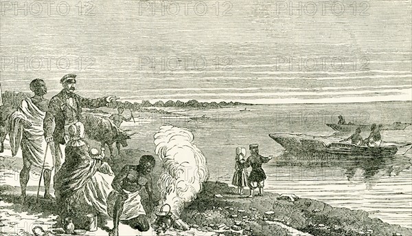 This illustration is from Livingstone's Missionary Travels. It shows Livingstone, with his wife and family, at the discovery of Lake Ngami. David Livingstone was a Scottish physician, Congregationalist, and pioneer Christian missionary with the London Missionary Society, an explorer in Africa, and one of the most popular British heroes of the late 19th-century Victorian era. Livingstone dies in 1873. He was at Lake Ngami in 1849.