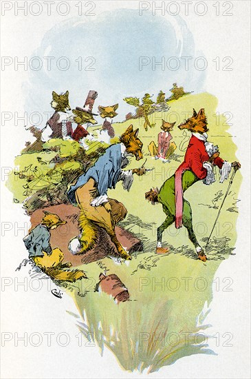 J.M. Conde illustrated the tales of the legendary Greek fablist Aesop, including the story of the Fox Who Had Lost His Tail, with its moral ""misery loves company."" Conde published his drawings in 1905 in New York.