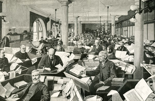 This image dates 1900 and the caption reads: Editorial Room of the Standard Dictionary - some of the Office Editors: Rossiter Johnson, I.K. Funk, Arthur Bostwick, B F Funk, J W Palmer, D S Gregory, J Denison Champlin, J C Fernald, E E Treffry, James Osborn, F Noble, W R Cochrane, F Horace Teall, I J Allen, Marcus Benjamin, E Grimshaw, Ernest Ingersoll, Z W Bliss, J E Fleming, G S Horn, F Huntington, W N Geddes, C H Cochrane, F H Vizetelly, F H Hoew, E J Hamilton.